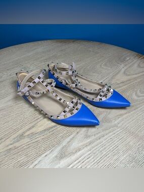 Valentino Garavani Rockstud Blue Leather Studded Ballet Flats Size 38.5
